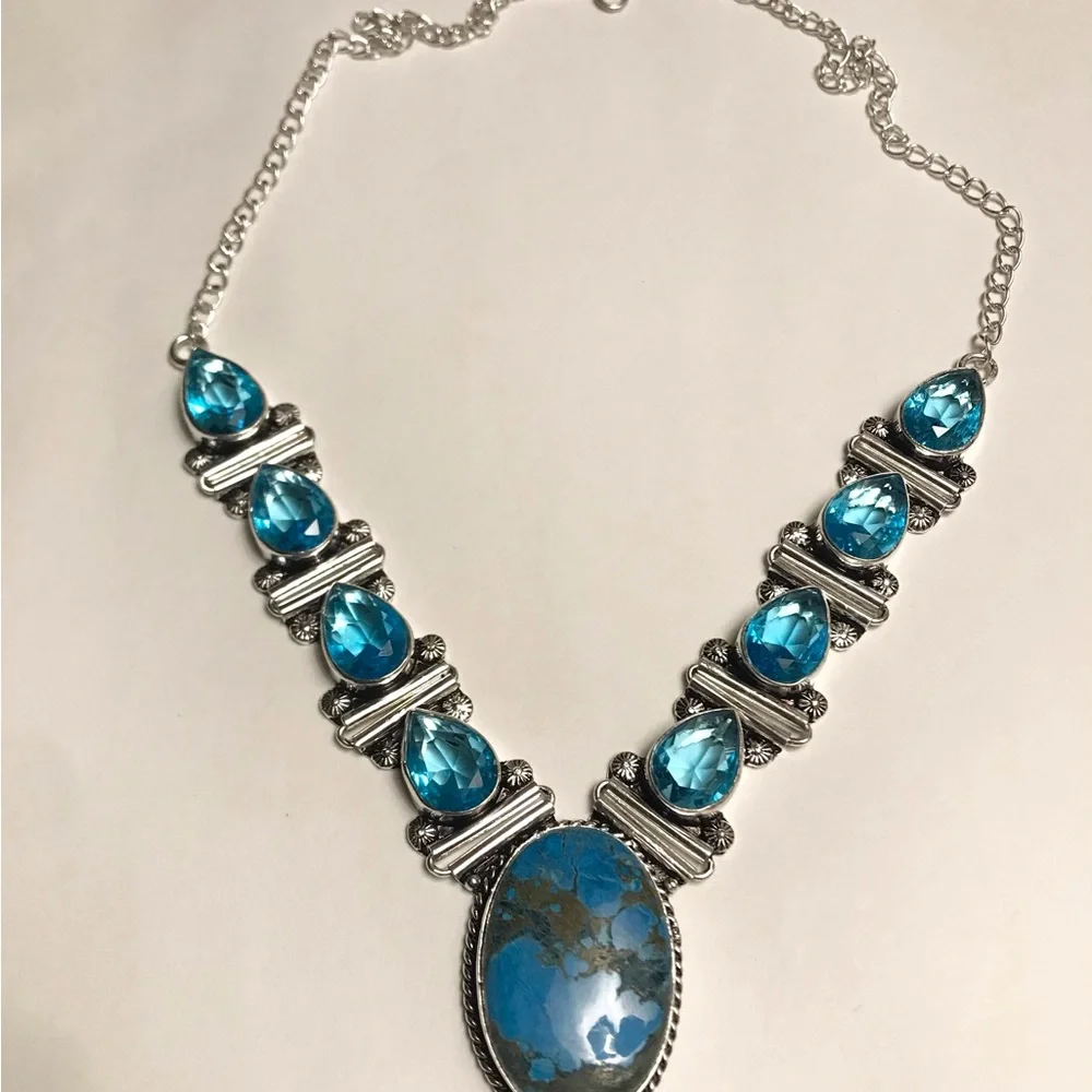 Turquoise Blue Topaz Stamped Solid 925 Sterling Solid Necklace